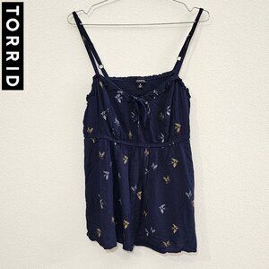 TORRID 0 Navy Blue Bird Challis Babydoll Camisole Cami Tank Plus Size 12 L